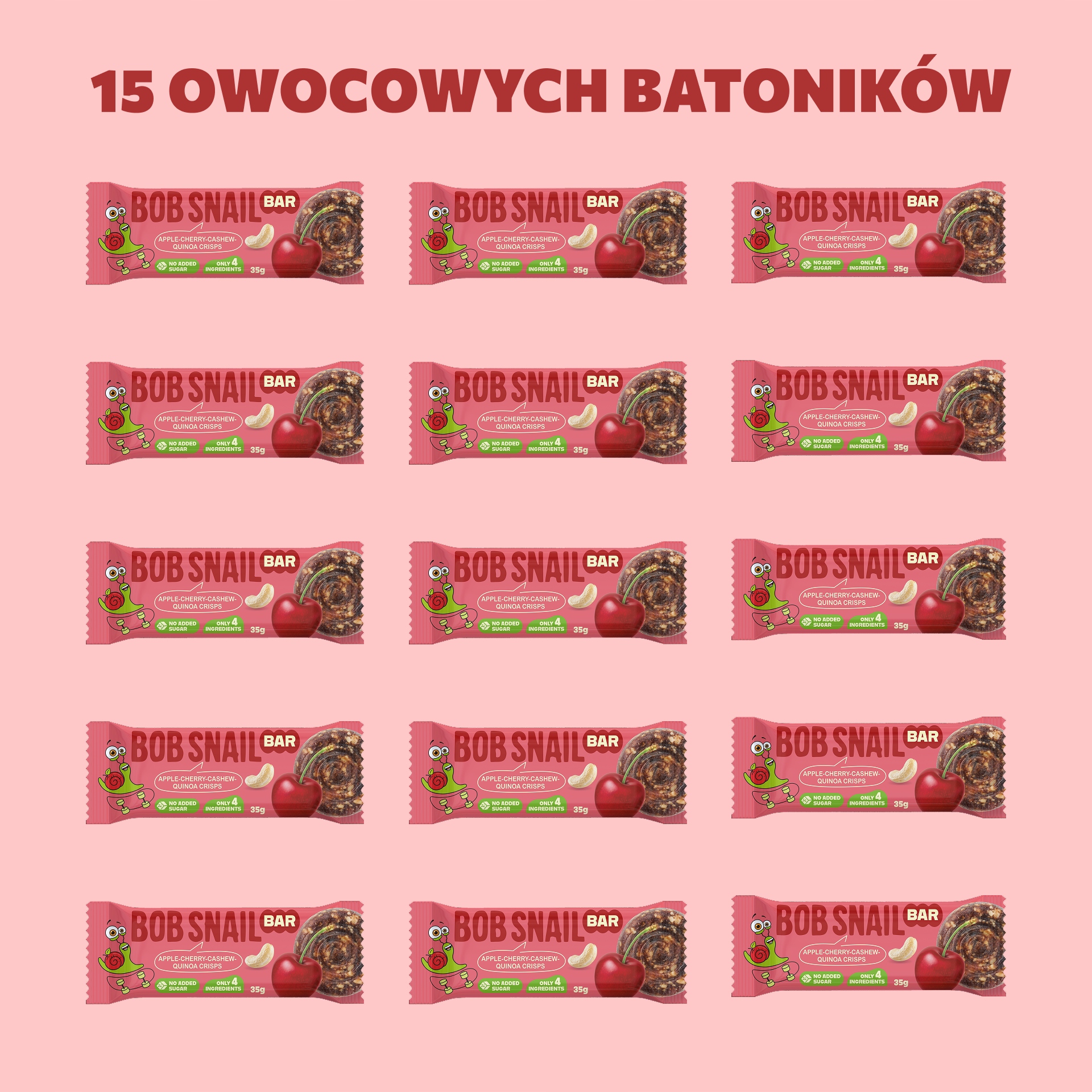 BOB SNAIL vaisių batonėlis APPLE CHERRY anakardžiai be pridėtinio cukraus 15x35 g