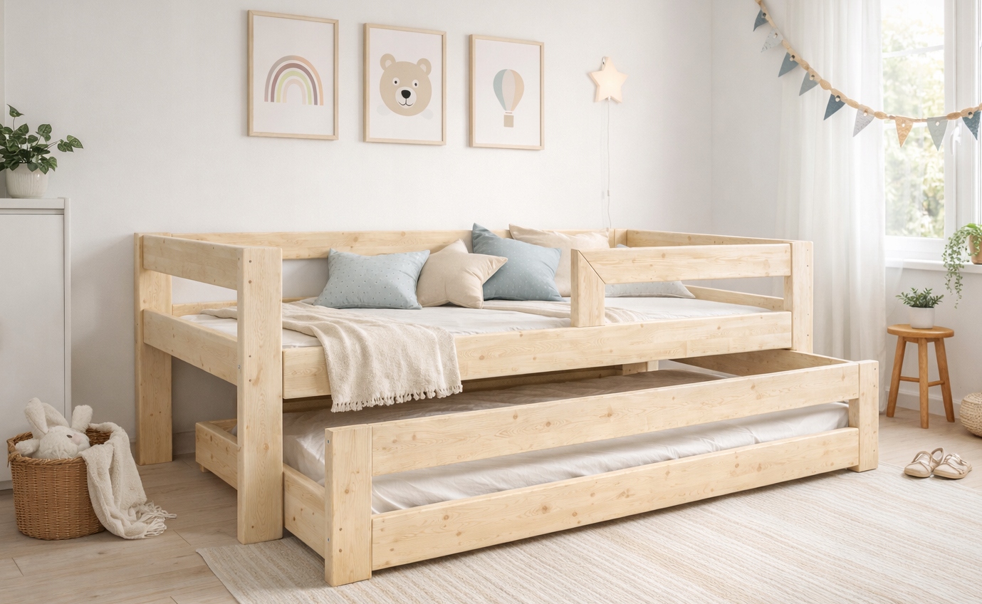 MEDINĖ DVIaukštė stumdomoji lova, 180 x 90 + bėgelis + 2 RĖMAI