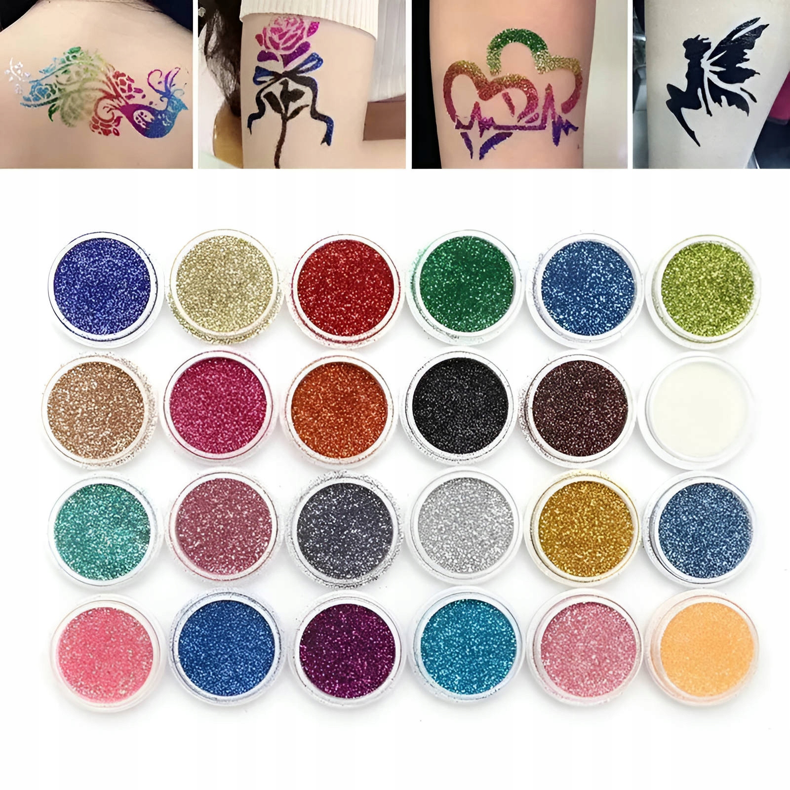 Didelis tatuiražių rinkinys su šablonais ir blizgesiu