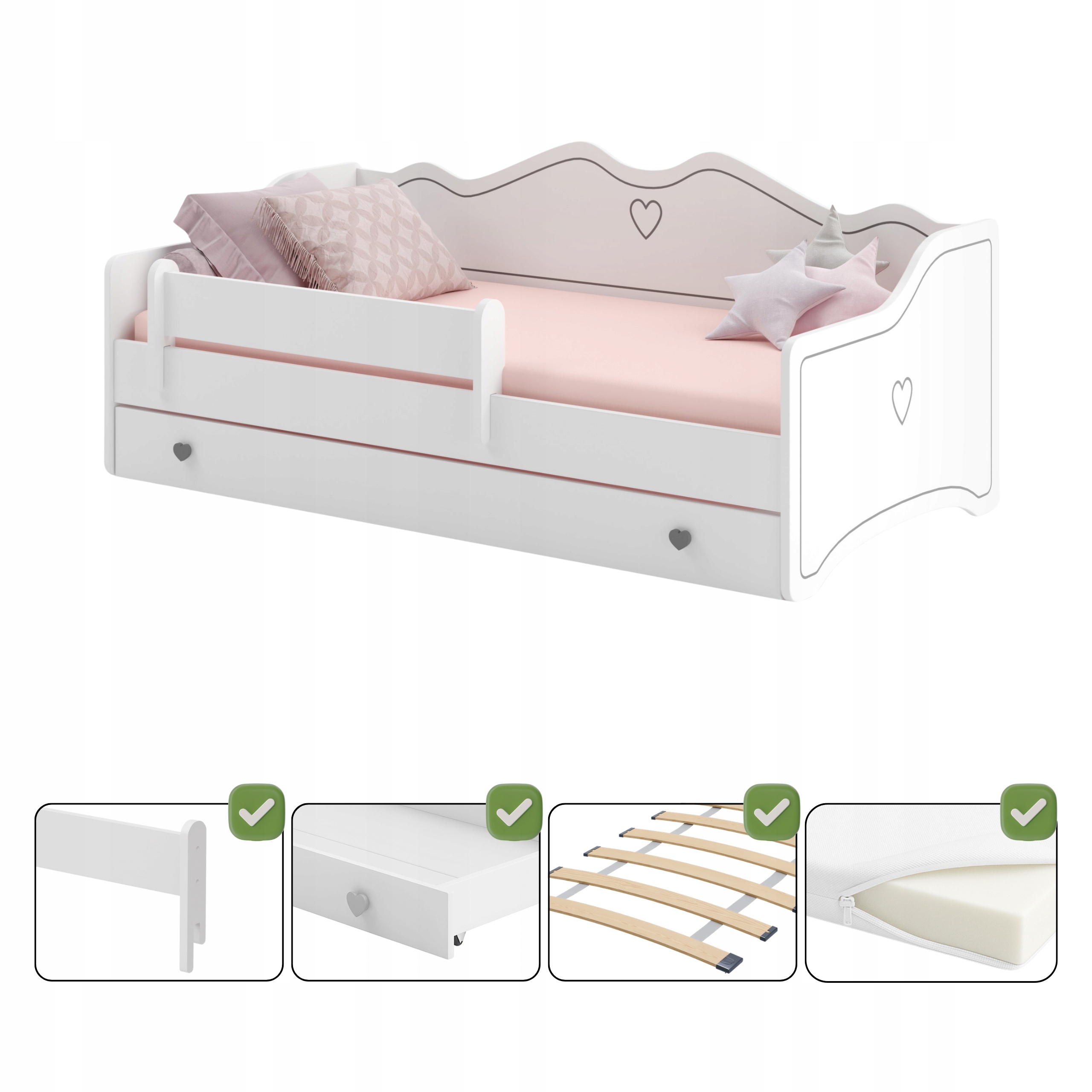 Sofa Vaikiška lova 160x80, balta, viengubas turėklas, čiužinys EMMA-DREAM