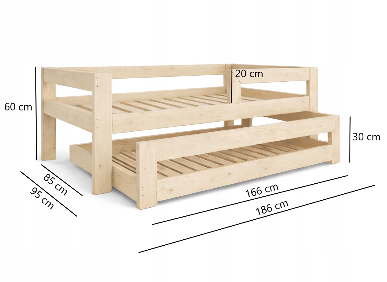 MEDINĖ DVIaukštė stumdomoji lova, 180 x 90 + bėgelis + 2 RĖMAI