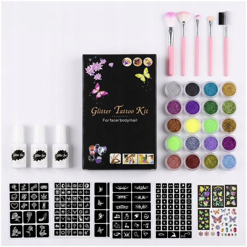GLITTER TATOO RINKINYS VAIKAMS GLITTER TEMPLATES 24 vnt 3x XXL GLUE