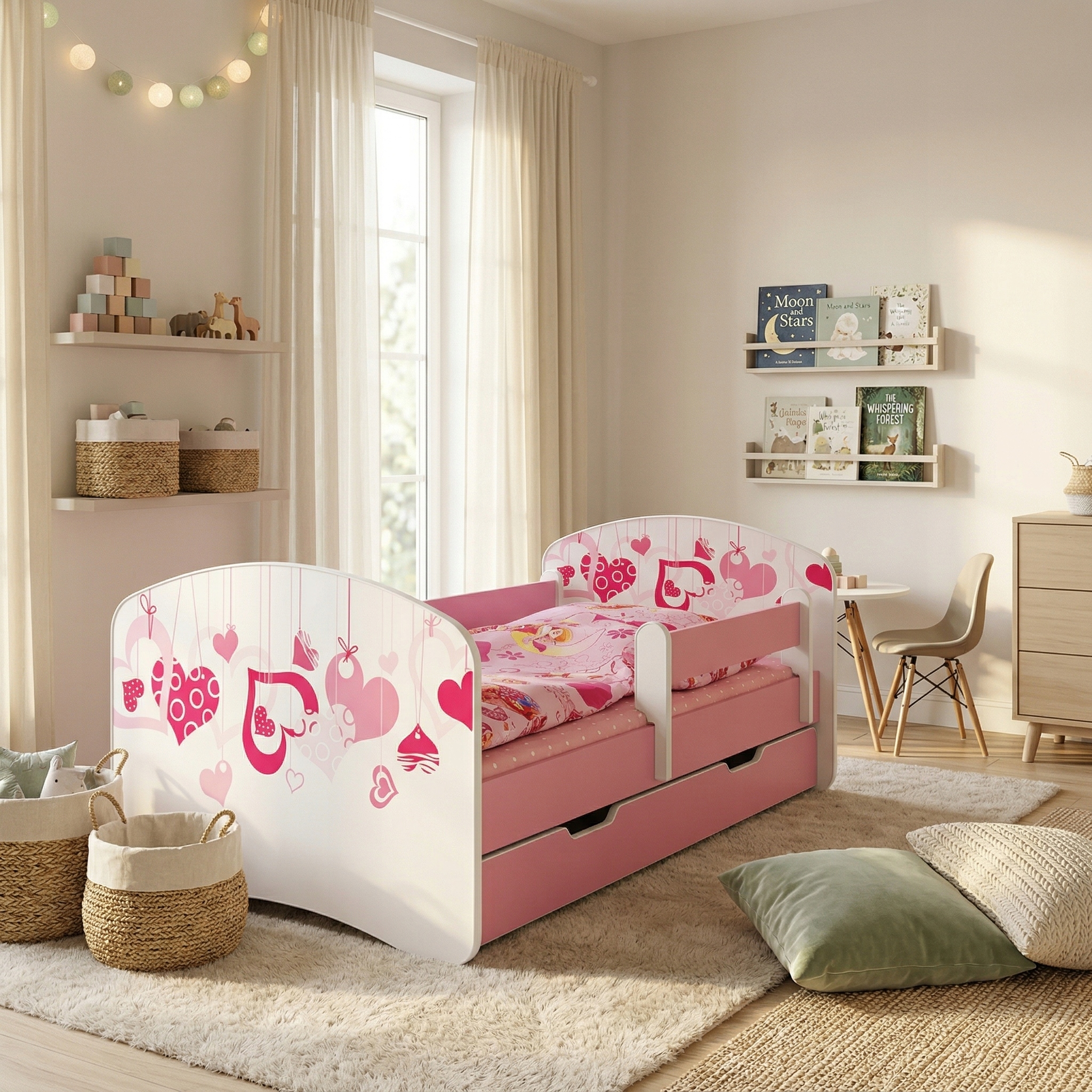 Rožinė vaikiška lova 180x90 su stalčiumi, čiužinys, turėklų rėmas - komplektas