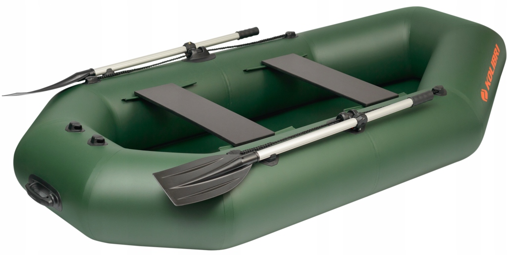 Kolibri K-240T pontonas su suvyniotomis grindimis ir žaliu variklio skersiniu
