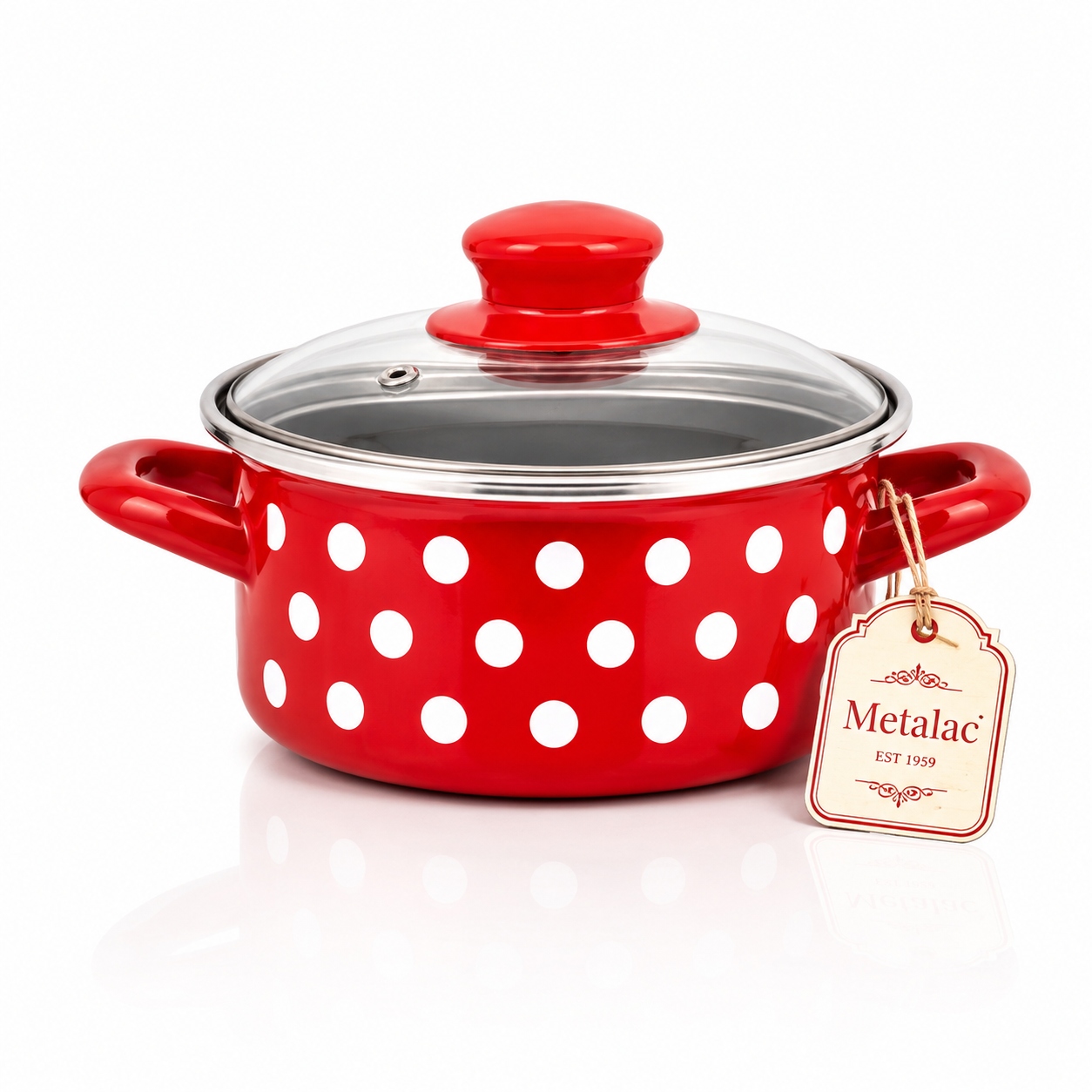 Emaliuotas puodas su dangteliu Žemas 14cm 1L I Metalac Dots On Red