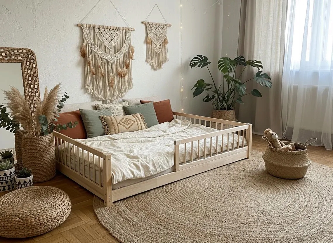 Žema Montessori lova 190x90 2/3 turėklai, lova ant grindų vaikams