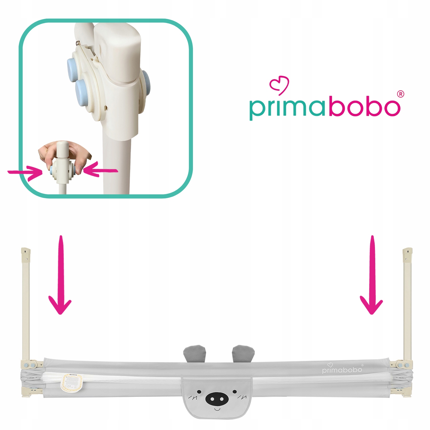 PRIMABOBO saugos turėklai lovai, BEAR, 160 cm, sulankstomi, vaikams, PILKA