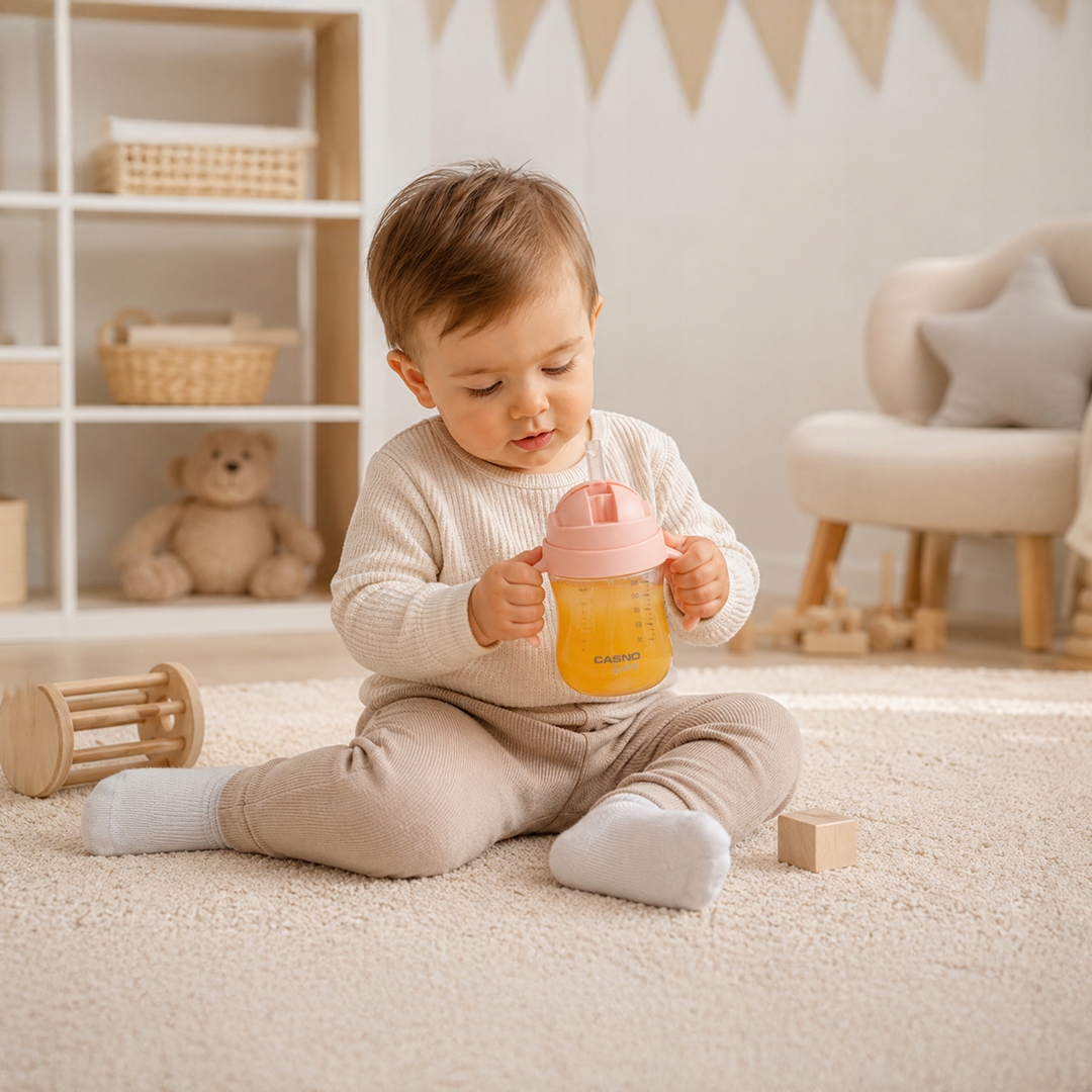 Vaikiškas buteliukas mokantis gerti, neišsiliejantis buteliukas su šiaudeliu Casno 240 ml 6m+