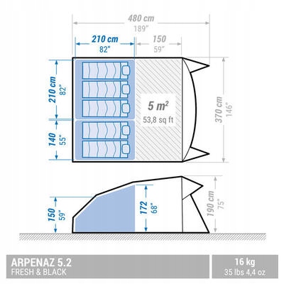 Quechua Arpenaz 5.2 F&B kempingo palapinė -5 asmenims, -2 miegamieji