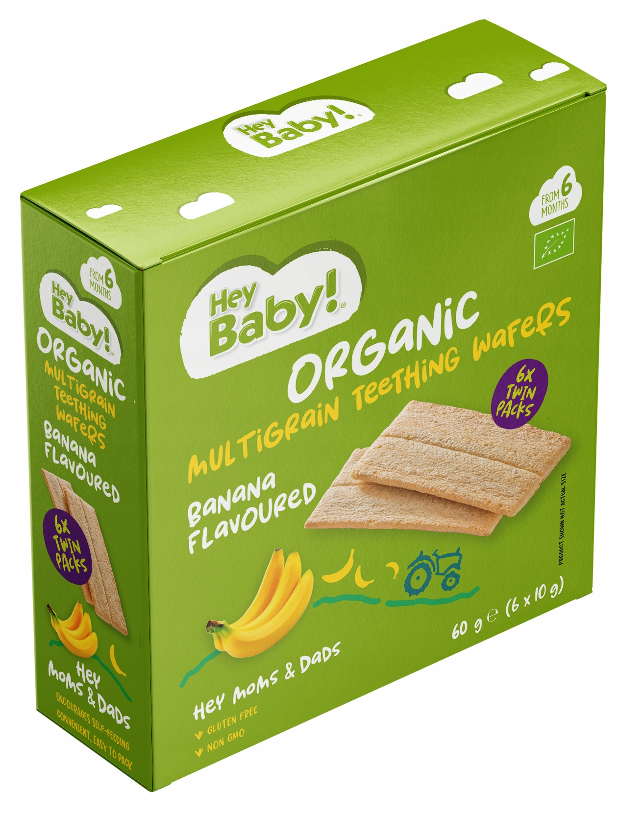 BANANAINIAI DAUGIGRŪDŽIAI DANTŲ VAFLIAI NUO 6 MĖNESIŲ EKOLOGIŠKI 60G HEYBABY