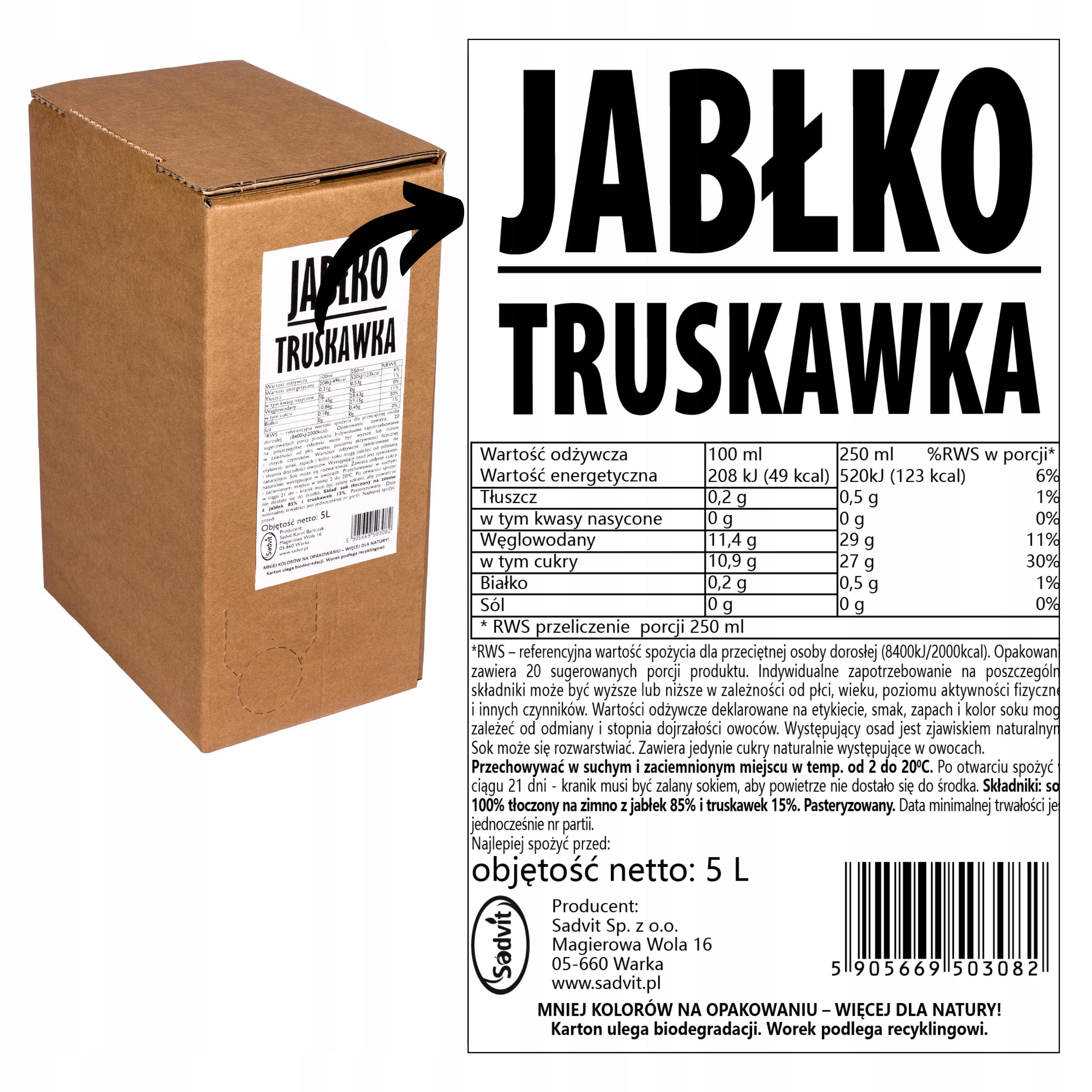 Sadvit obuolių braškių nektaris 100% NFC 5 litrų