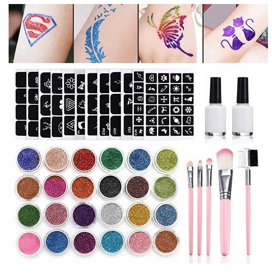 DIDELIS TATUiruočių rinkinys, ŠABLONAI, GLITTER TATUiruotės, PLAUNAMI GLITTER