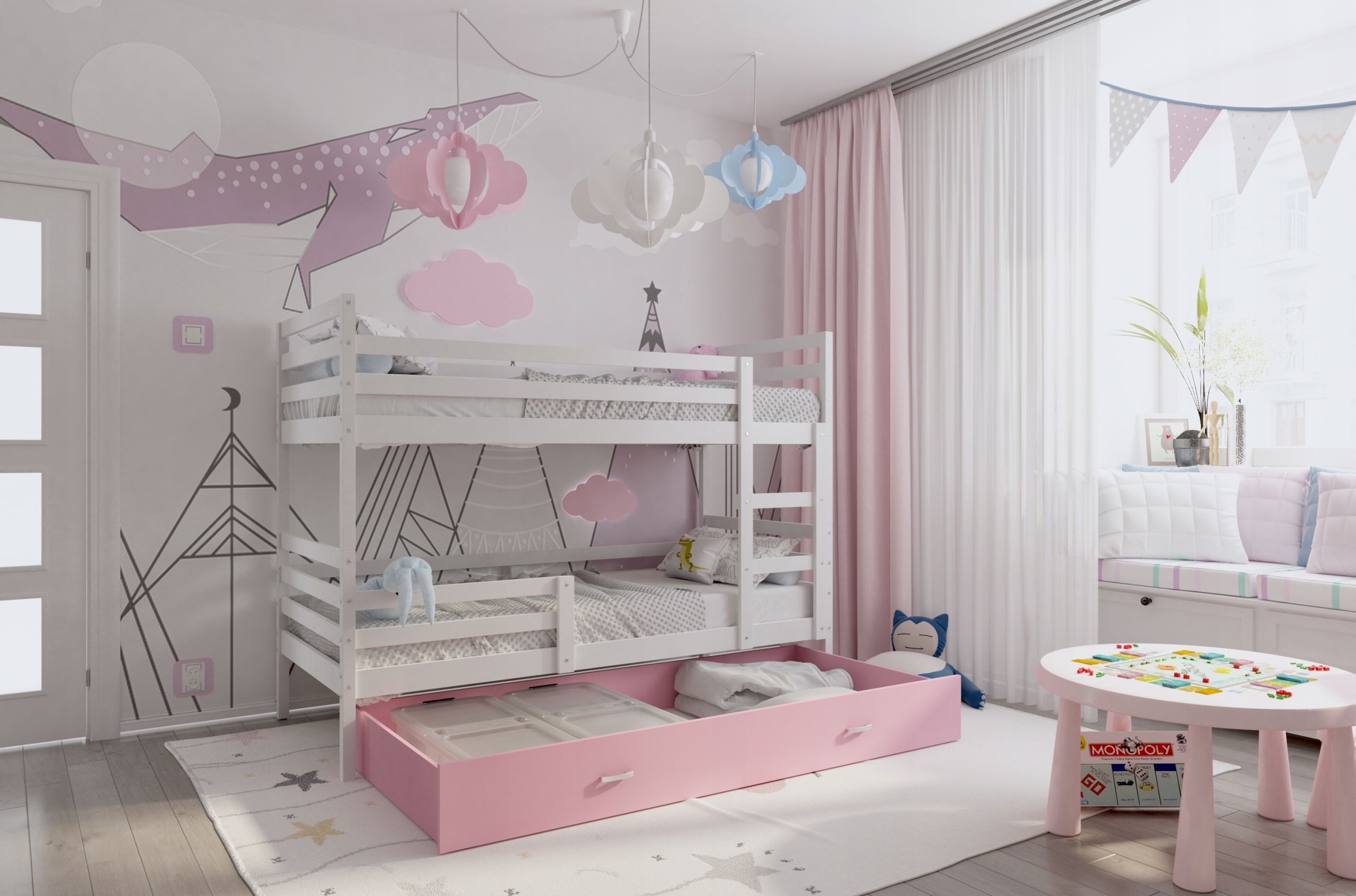 Dviaukštė lova 190x80 stalčius + JACEK čiužiniai