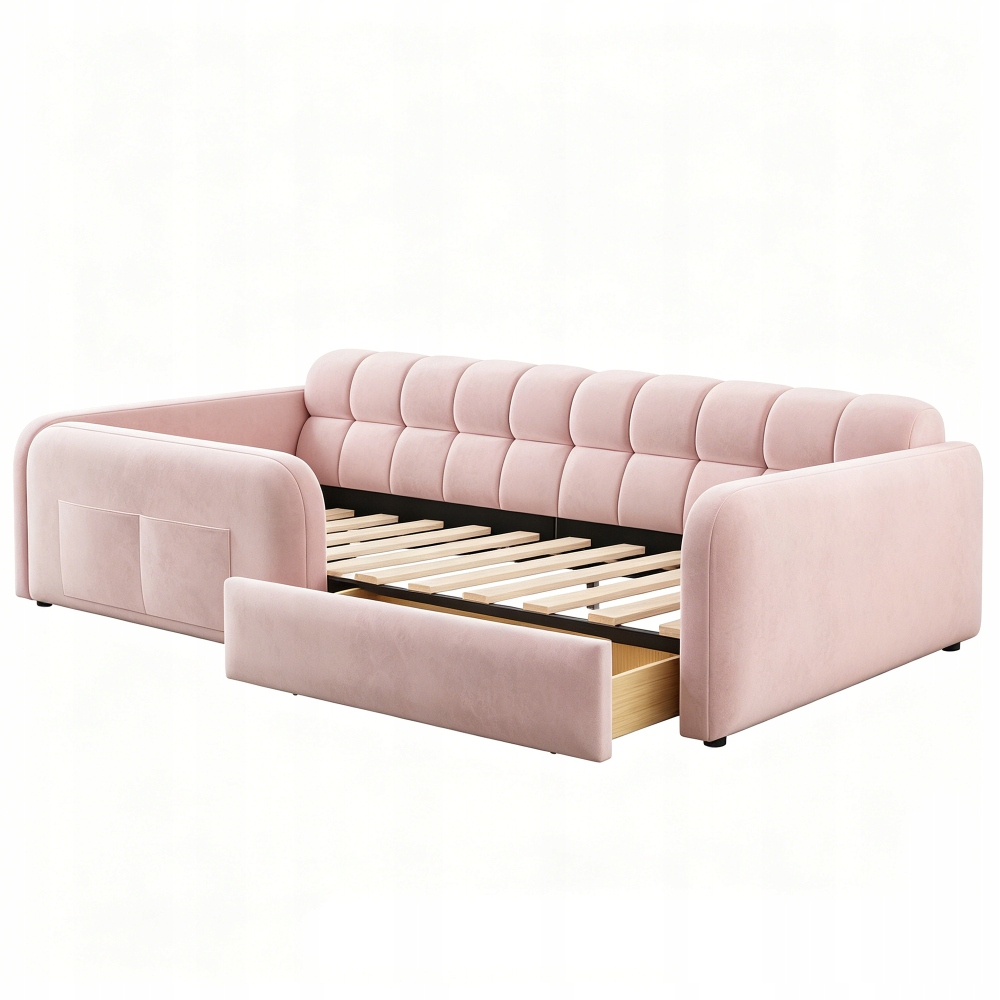 Vaikiška lova apmušta aksomu, stalčius, naktinė lempa, USB sofa, rožinė