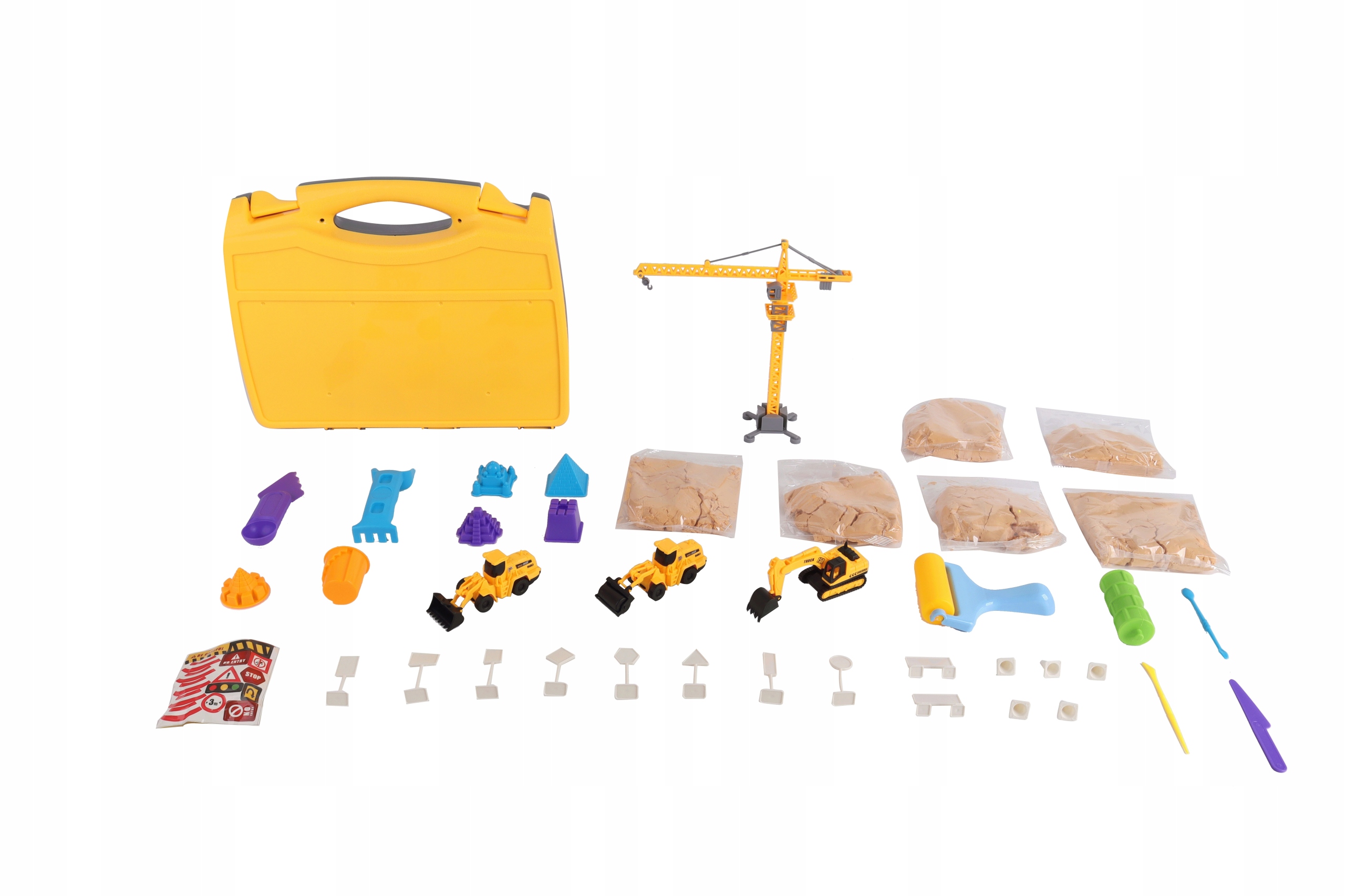 Kinematinis smėlis 1,5kg su statybos mašinomis ir ženklais