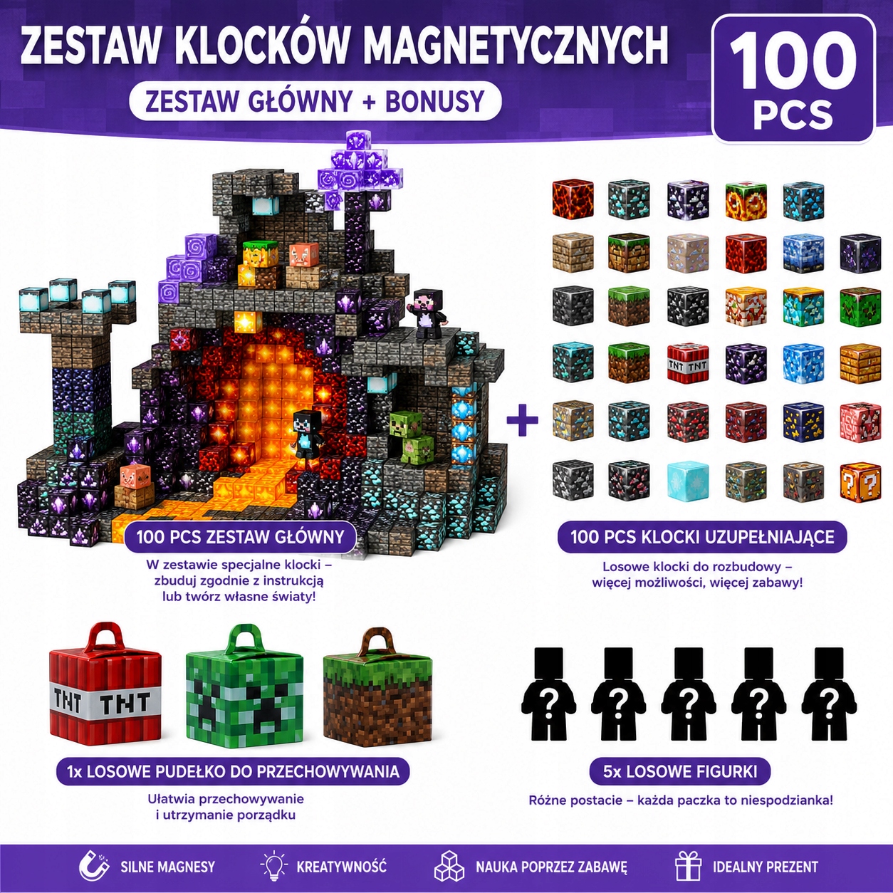 XINLONGDIANZI magnetiniai klociniai 100 vnt. su figūrėlėmis ir bonusu