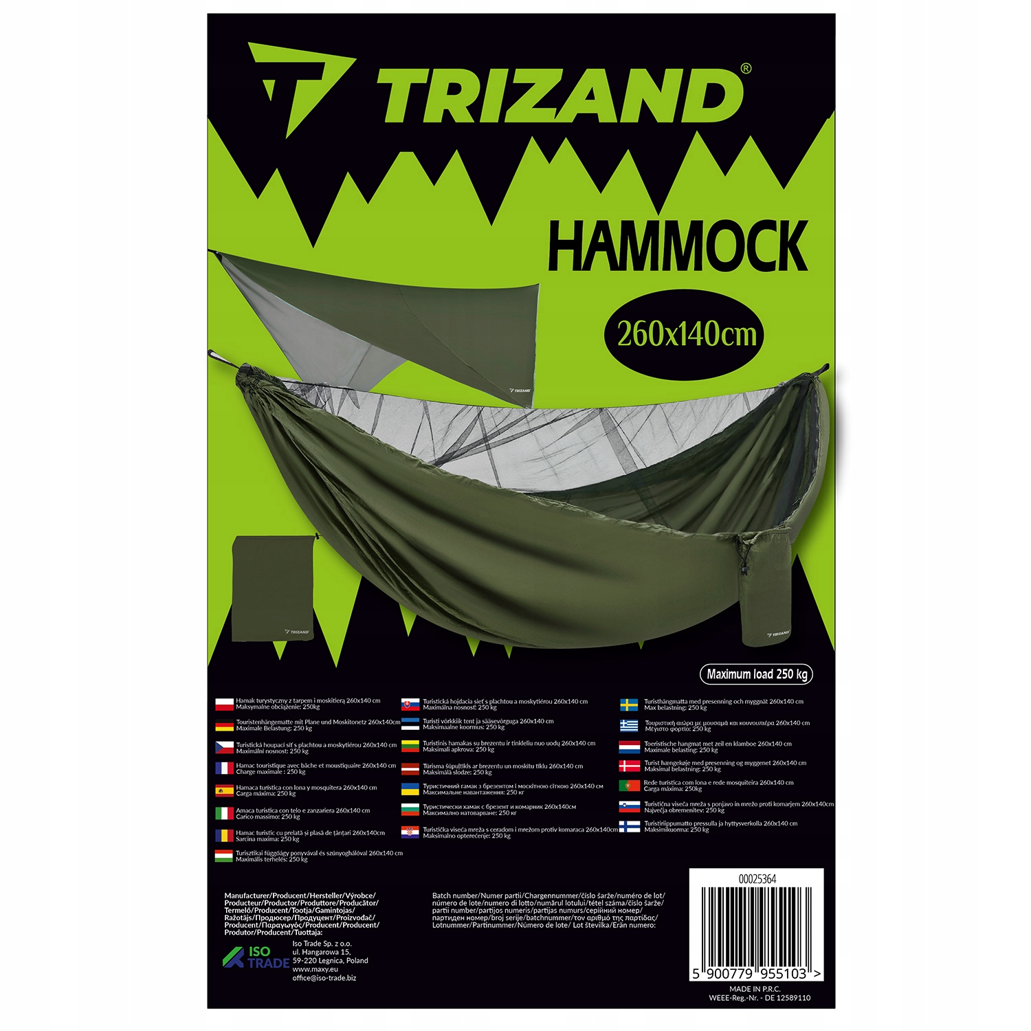 Hamakas be strypo Trizand green 250 kg 280 x 140