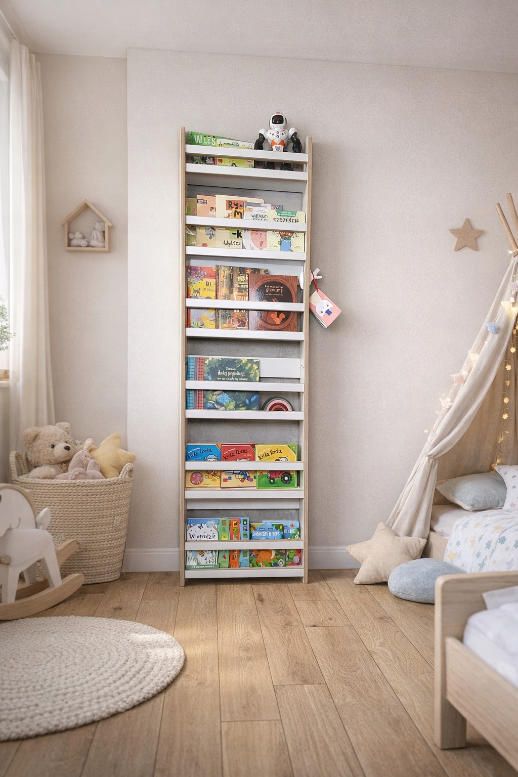 Montessori knygų lentyna vaikams plonas tarpduriui