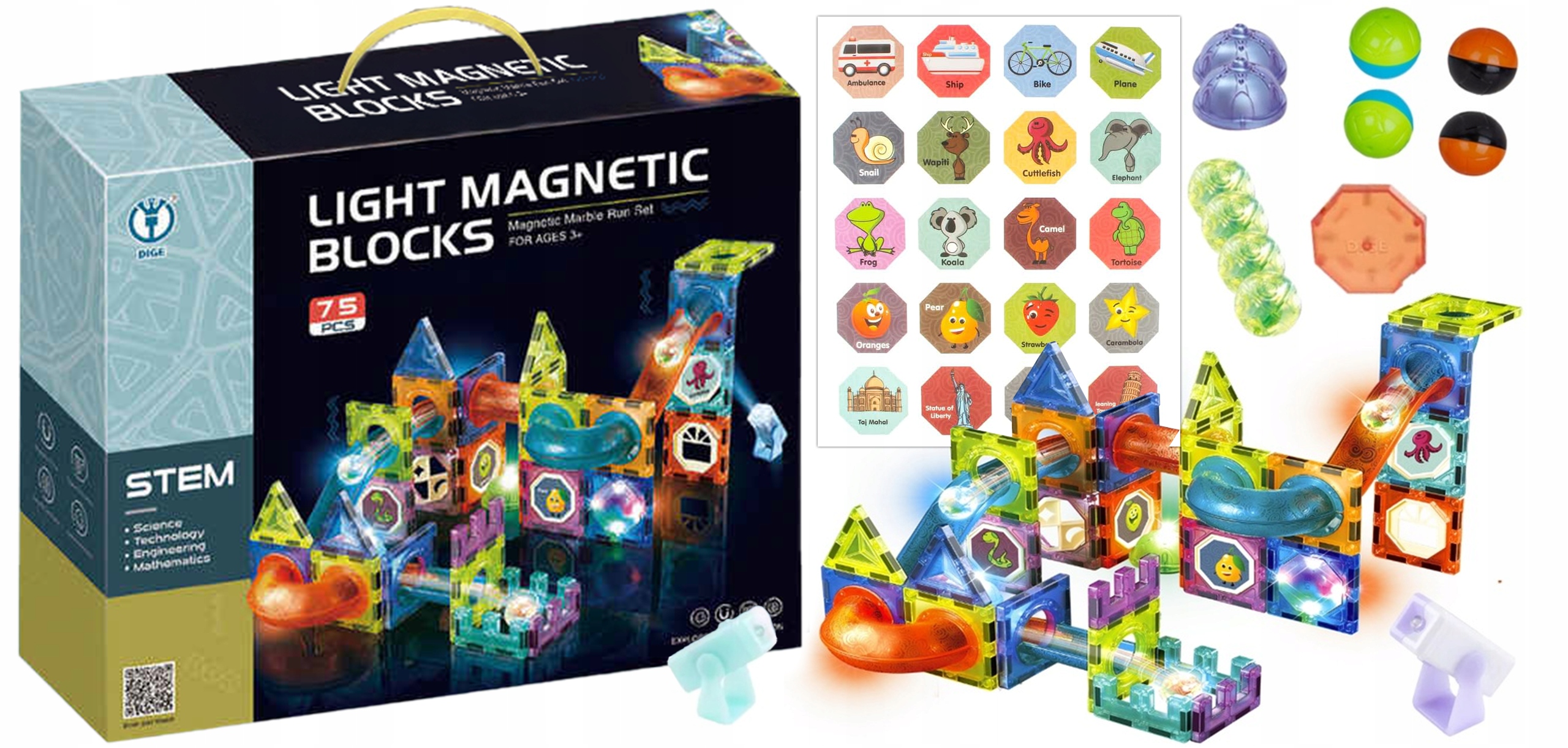 KRUMAD magnetiniai šviečiantys klocki trasa 75 el.