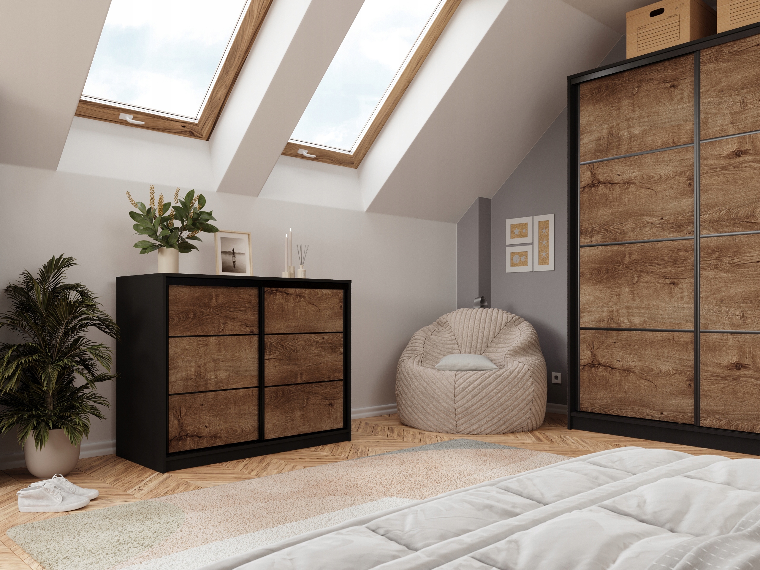 BroMarKT 120cm loft komoda su stalčiais ir strypu