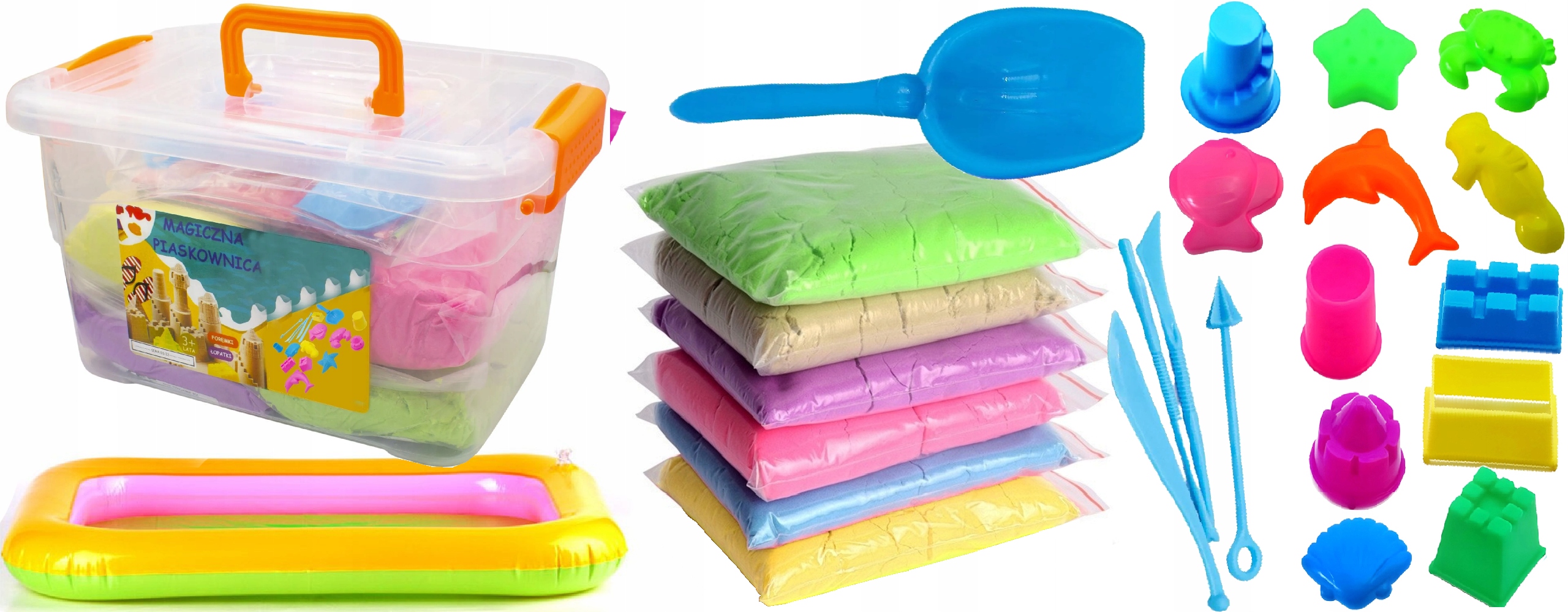Kinetinis smėlis 3 kg su smėliniu baseiniu ir žaislais