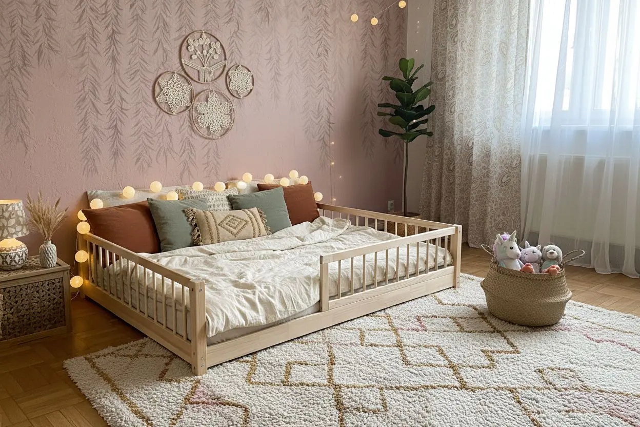 Žema Montessori lova 190x90 2/3 turėklai, lova ant grindų vaikams
