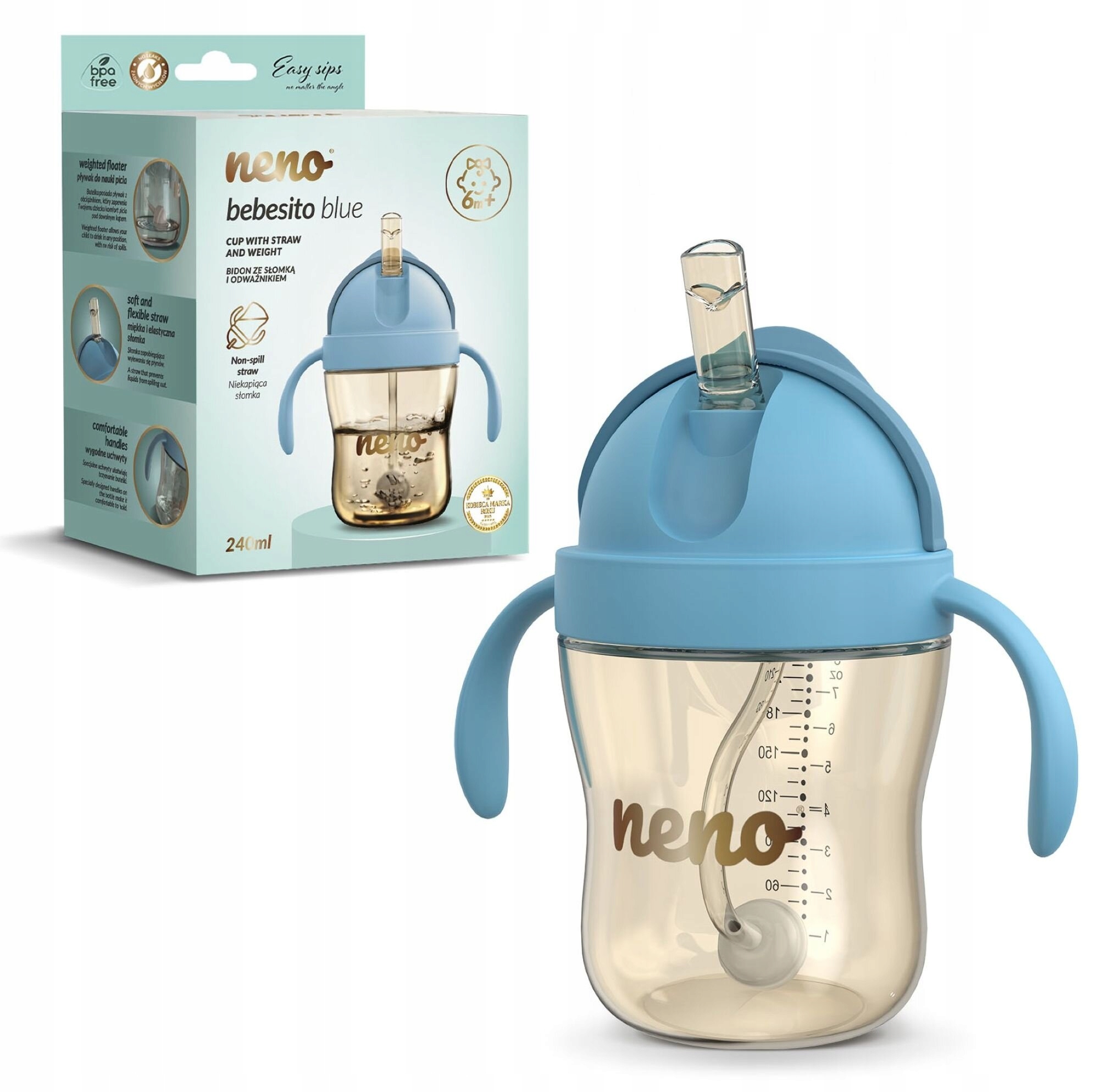 NENO BEBESITO BLUE VAIKŲ BUTELIUKAS SU ŠIAUDU IR SVORIU 240ml