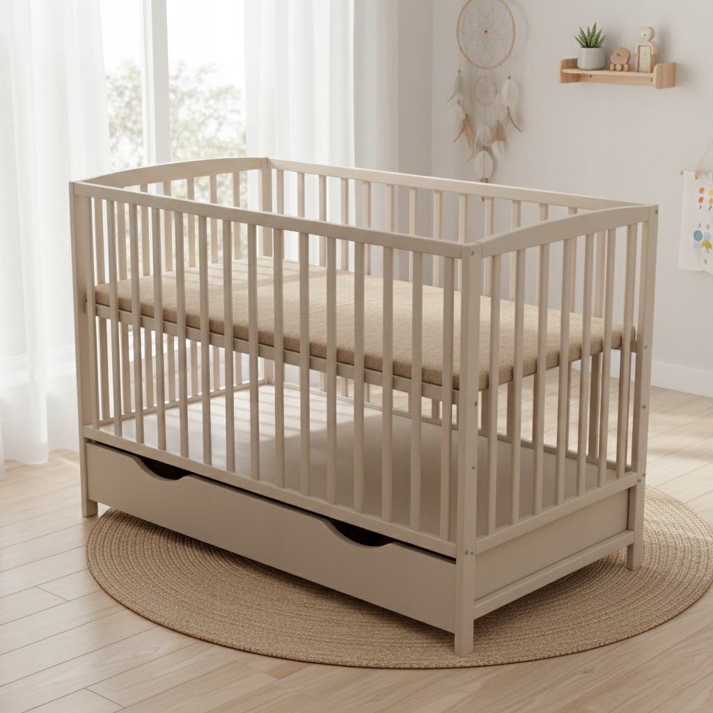 KRZYŚ KASZMIR su stalčiumi ir TAUPE turėklai Kūdikio lova 120x60