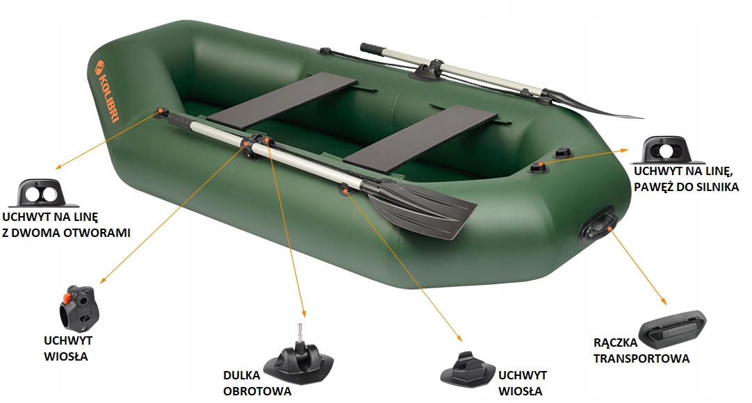 Kolibri K-240T pontonas su suvyniotomis grindimis ir žaliu variklio skersiniu