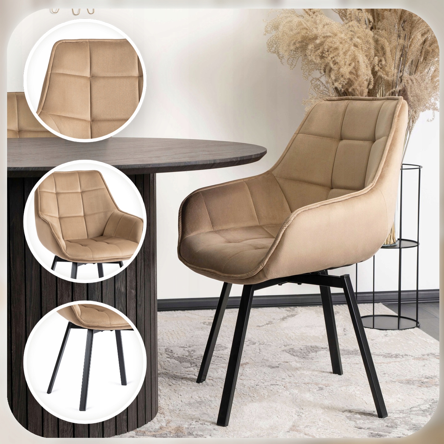 Minkšta veliūrinė pasukama kėdė valgomajam Virtuvei Svetainė Beige LUNA