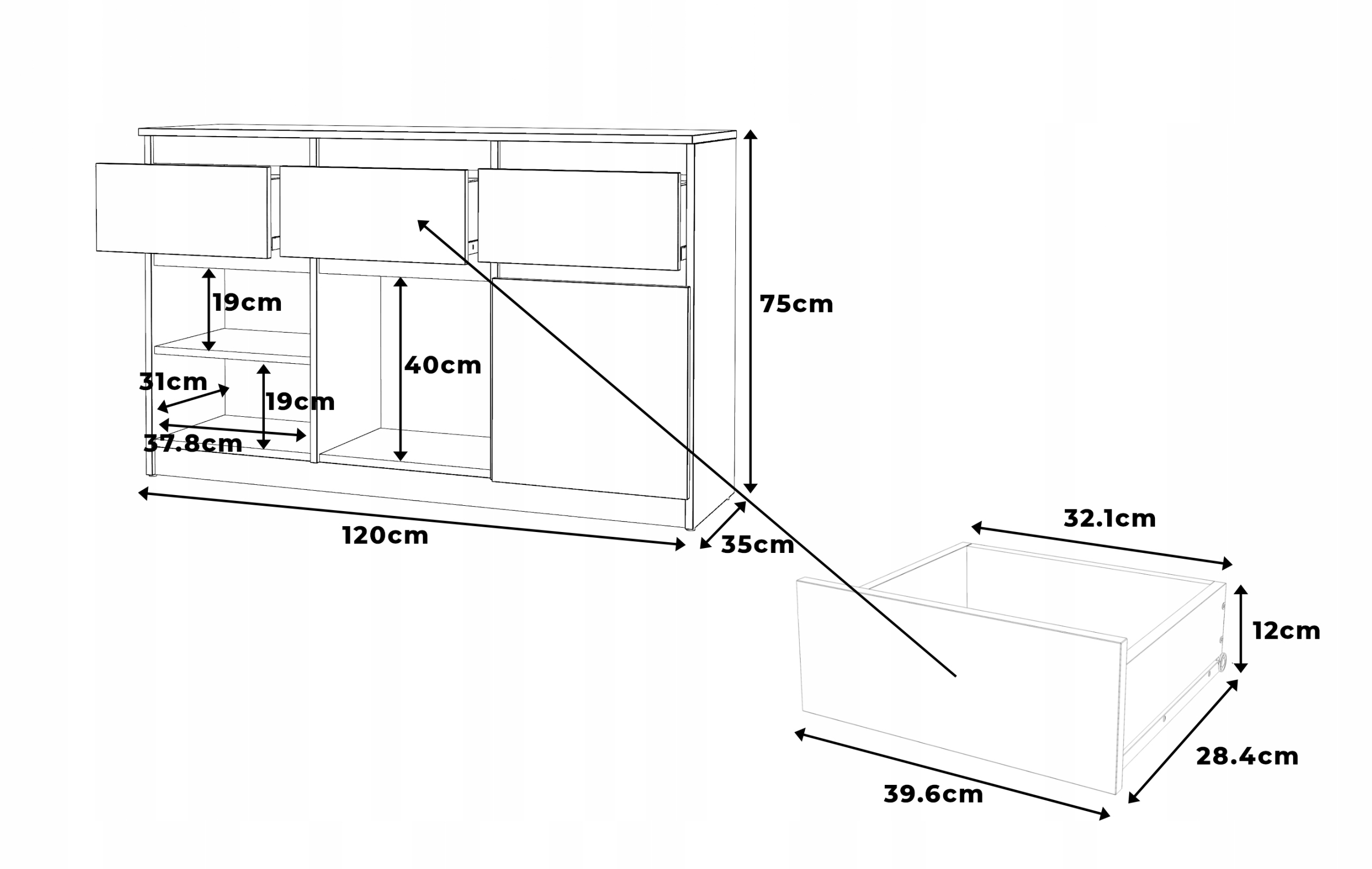 Matinė balta komoda su 3 stalčiais, didelė 120 cm spintelė miegamajam, talpi