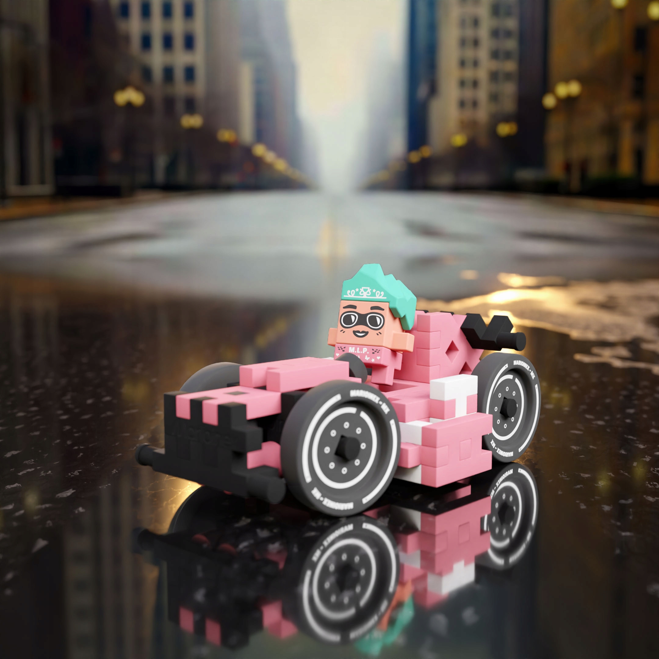 Marioinex Waffle Mini Cars lenktyninis automobilis, Megan, 50 vnt, rožinė, 2in1 lenktynės