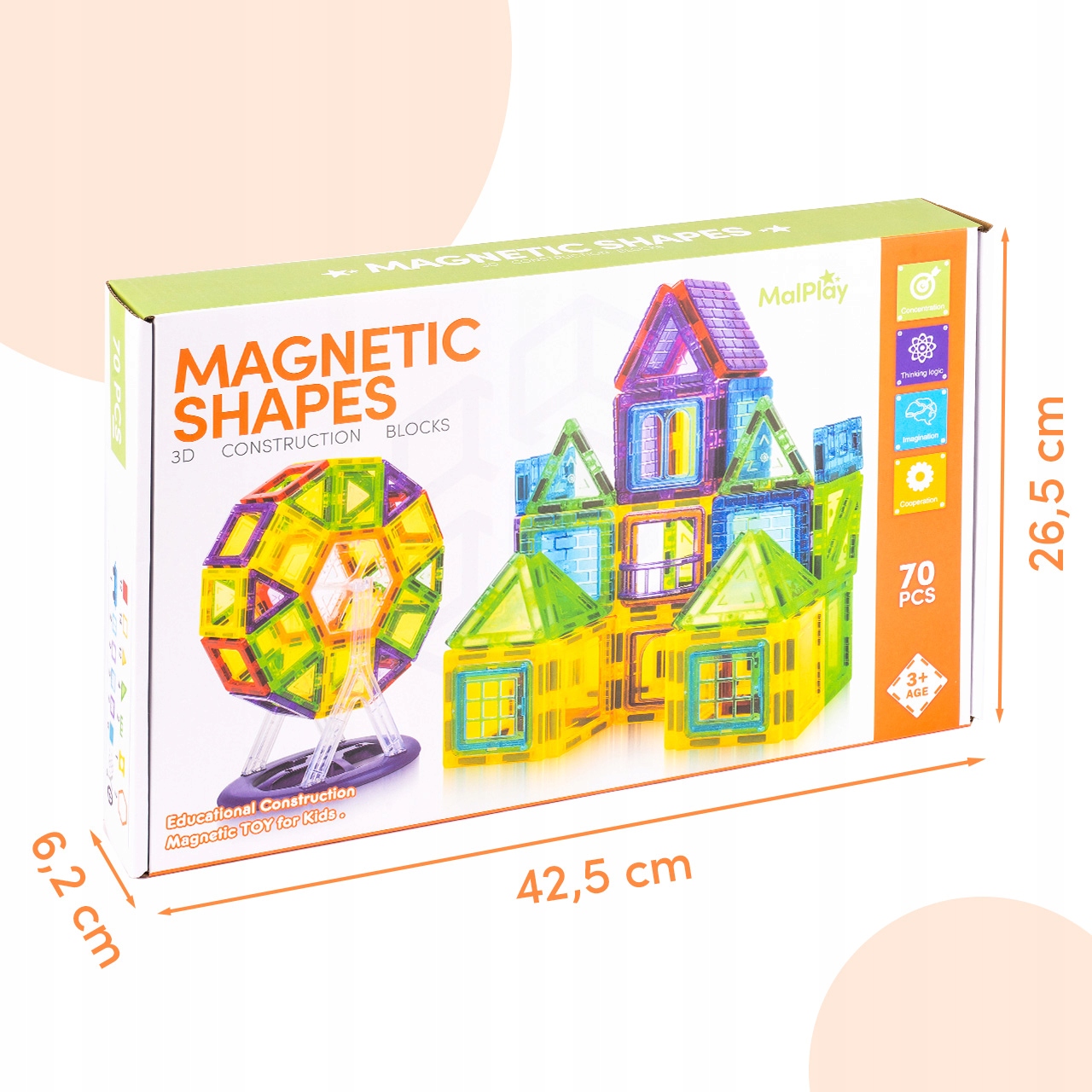 MAGNETINĖS KONSTRUKCIJOS UGDOMINIAI KLUOKAI 3D DIDELI DĖLĖ 70 ELEMENTŲ