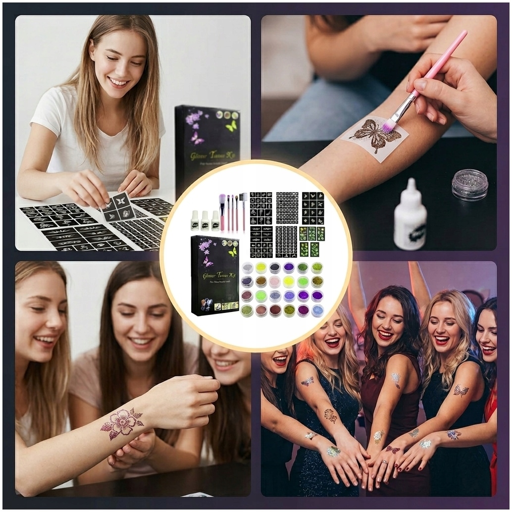 GLITTER TATOO RINKINYS VAIKAMS GLITTER TEMPLATES 24 vnt 3x XXL GLUE