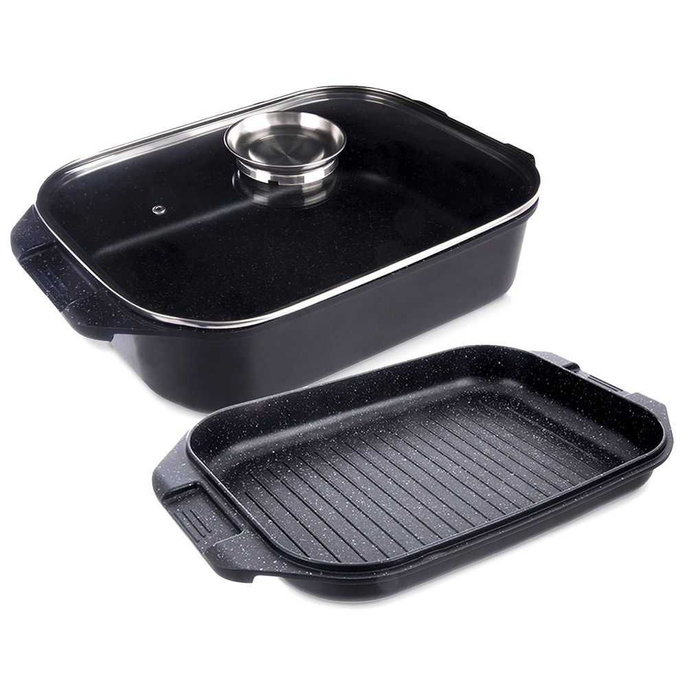 Kepimo skarda 7L 41X26X15CM ALIUMININIS SU GRILINIU KEPU IR STIKLINIU dangteliu
