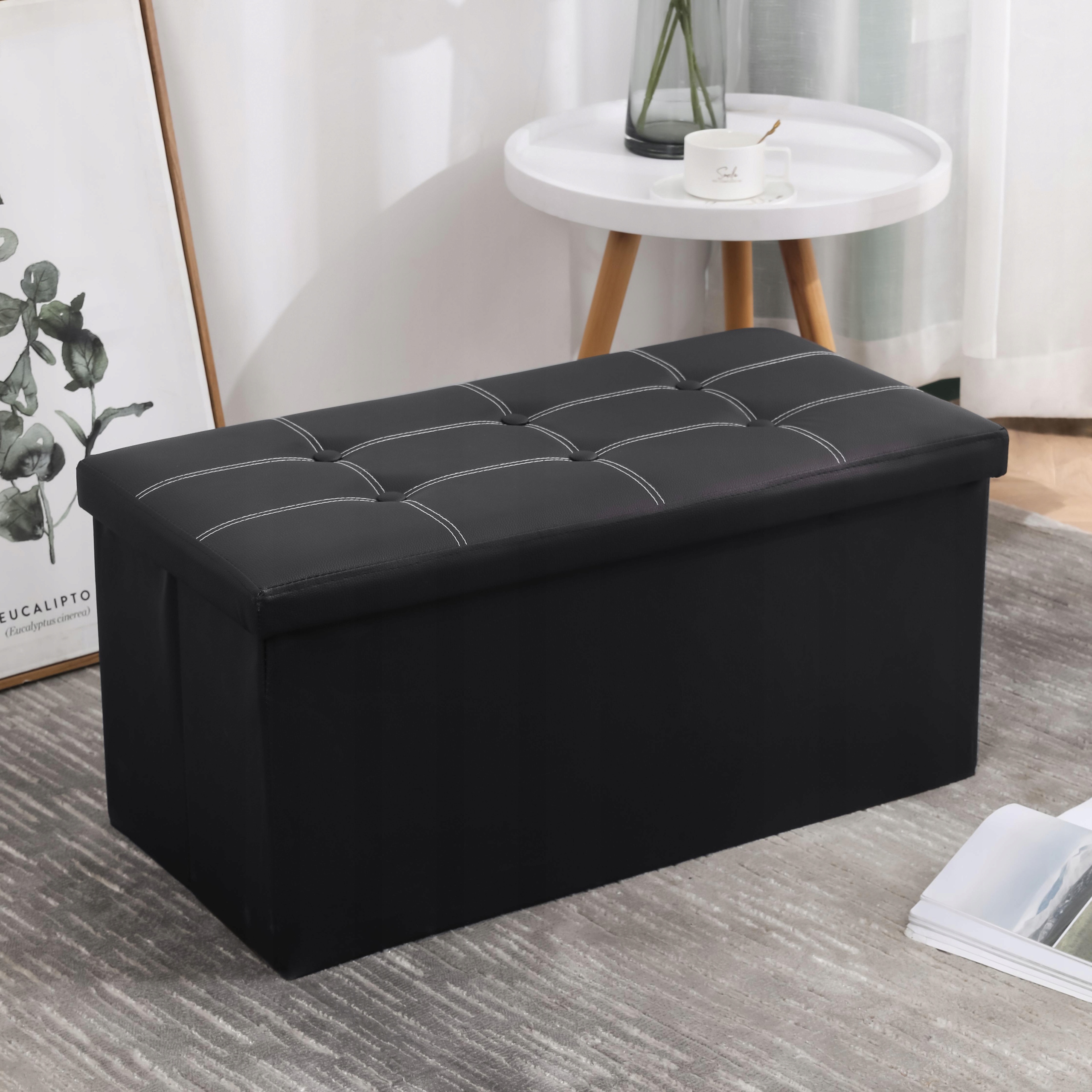 Sulankstomas sėdimas pufas su saugykla 76cm, juodas 2in1