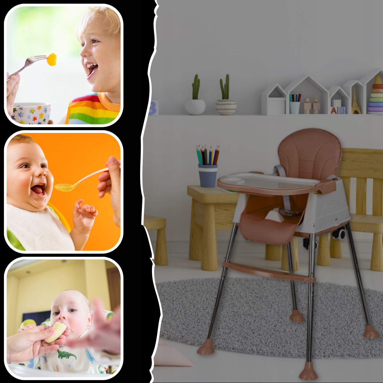 3in1 Vaikų maitinimo kėdutė, padėklas, reguliuojama sėdynė, ruda