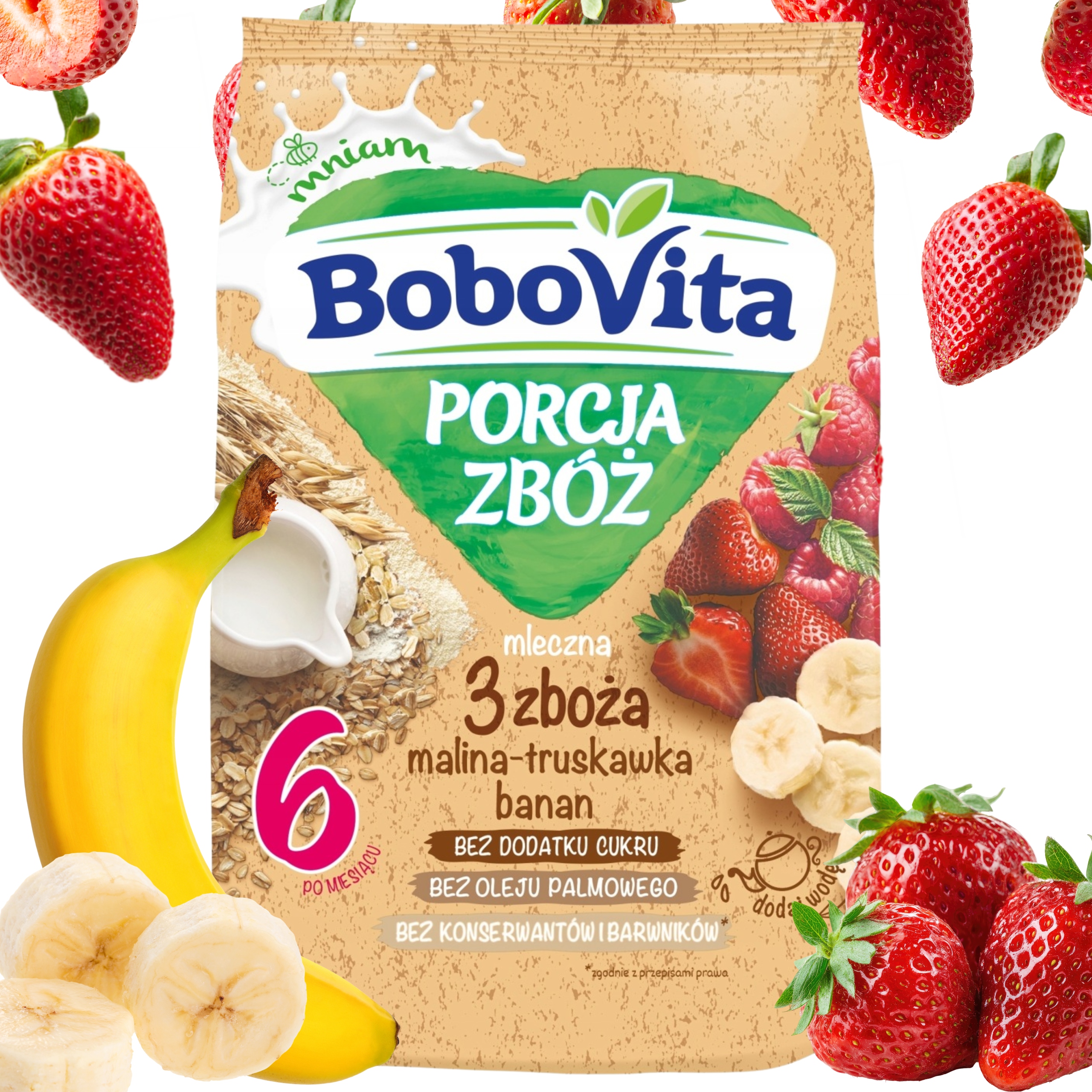 Bobovita trijų grūdų kašė 210 g aviečių braškių bananai