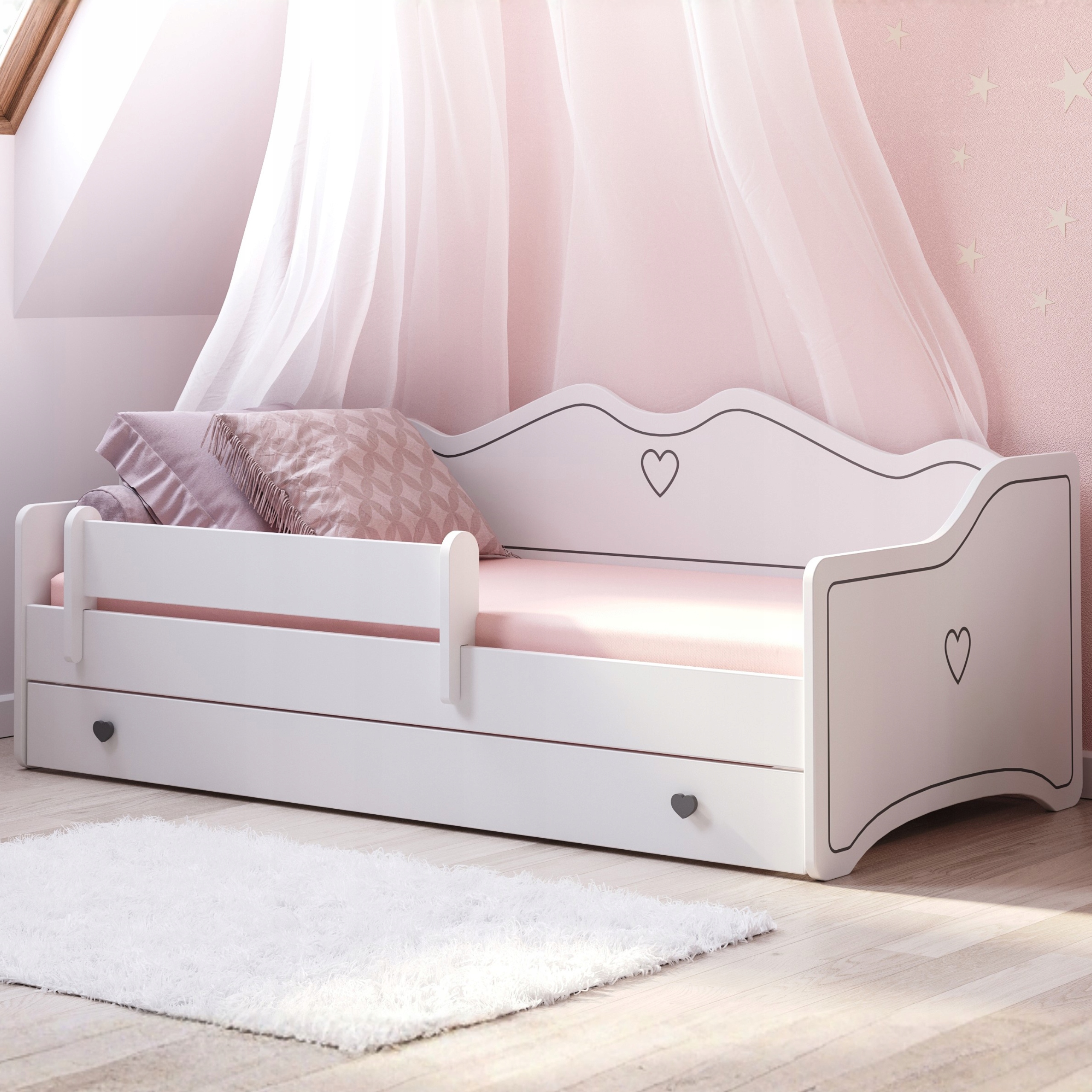 Sofa Vaikiška lova 160x80, balta, viengubas turėklas, čiužinys EMMA-DREAM