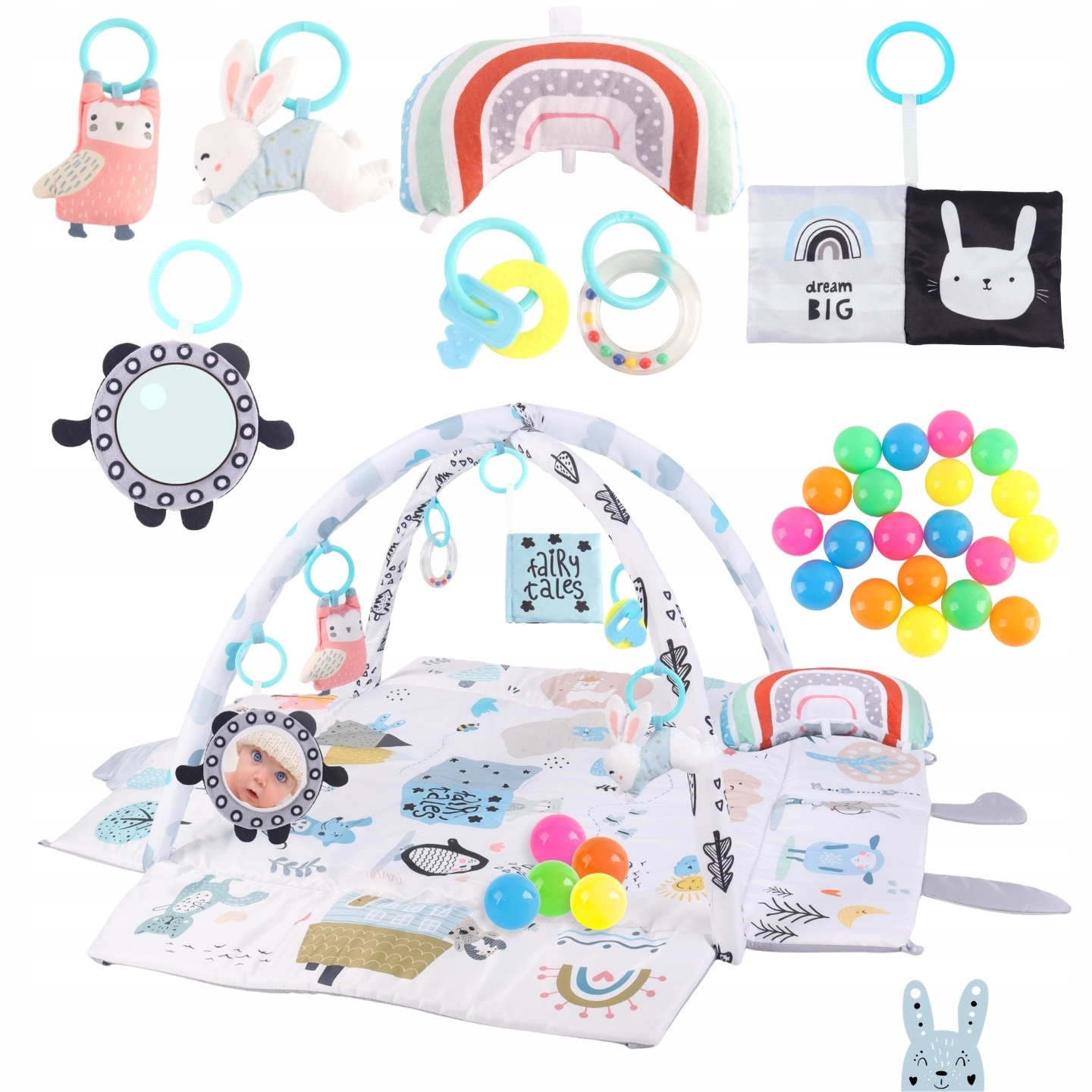 Didelis minkštas interaktyvus mokomasis kilimėlis 4in1 Minky Pillow 20 kamuoliukų