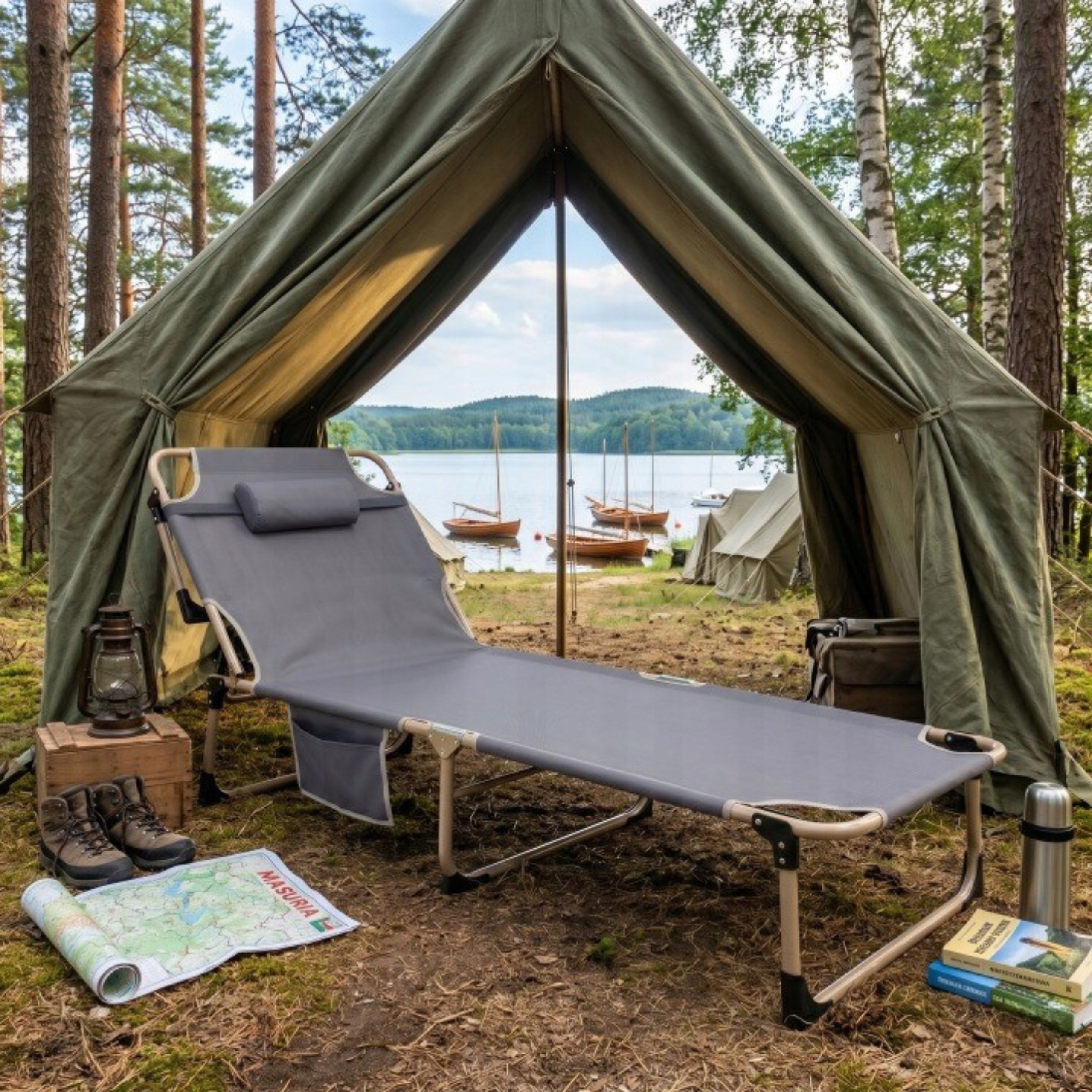 SUlenkiama TURISTINĖ LOVA, KĖDĖ SU ČIŽINIU, PILKA PAGALVE