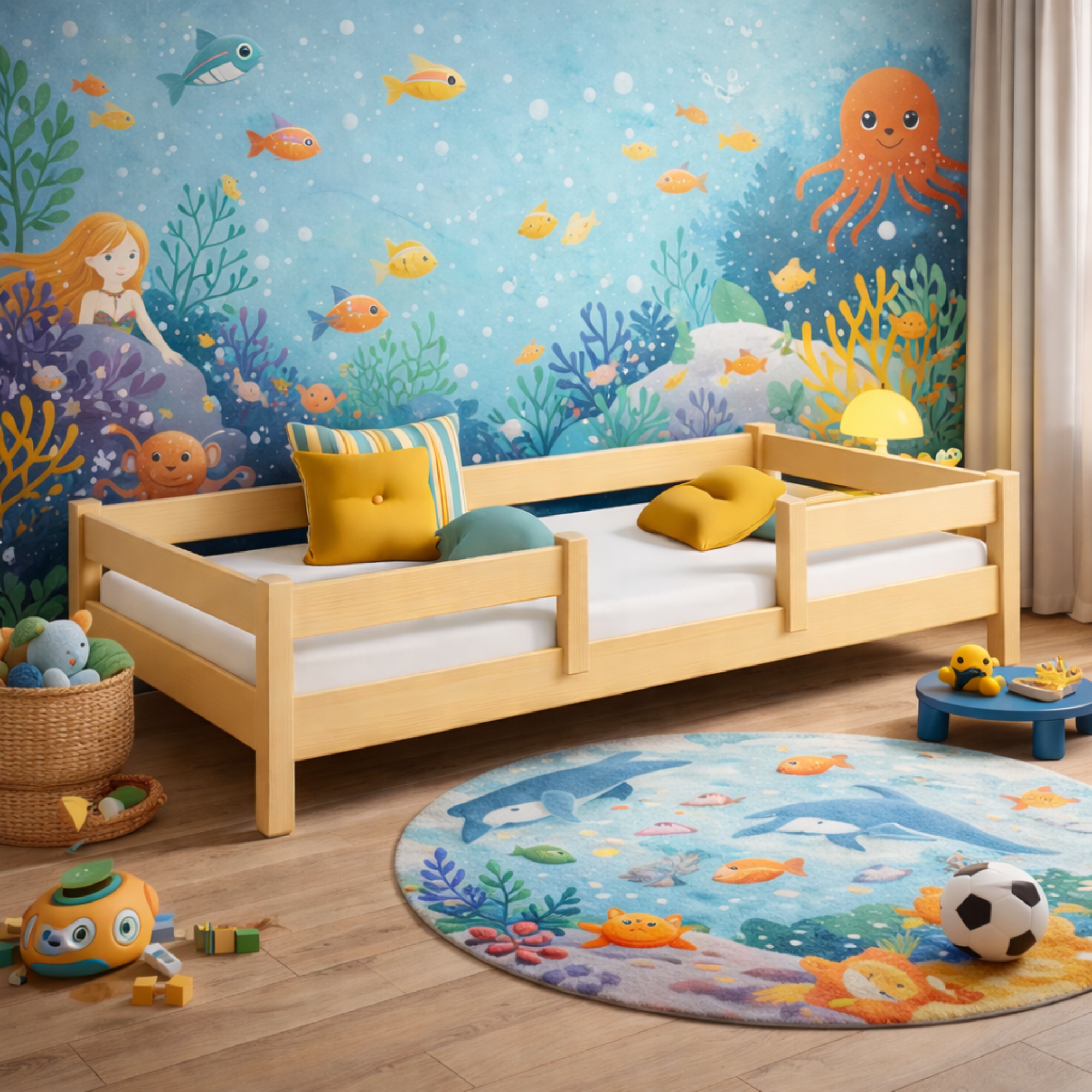 Vienvietė medinė pušinė vaikiška lova 140x70 su LOFTO turėklu