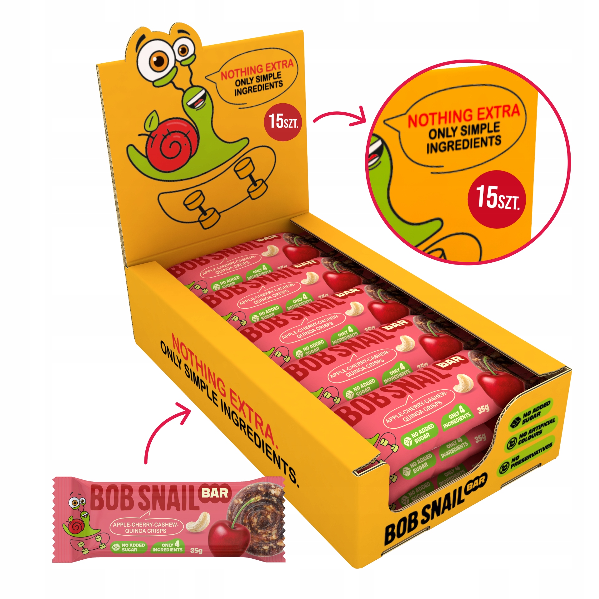 BOB SNAIL vaisių batonėlis APPLE CHERRY anakardžiai be pridėtinio cukraus 15x35 g