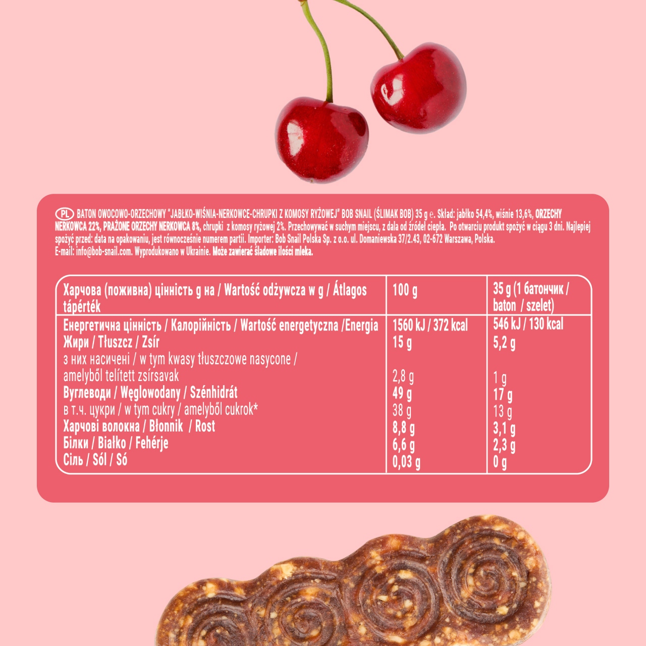 BOB SNAIL vaisių batonėlis APPLE CHERRY anakardžiai be pridėtinio cukraus 15x35 g