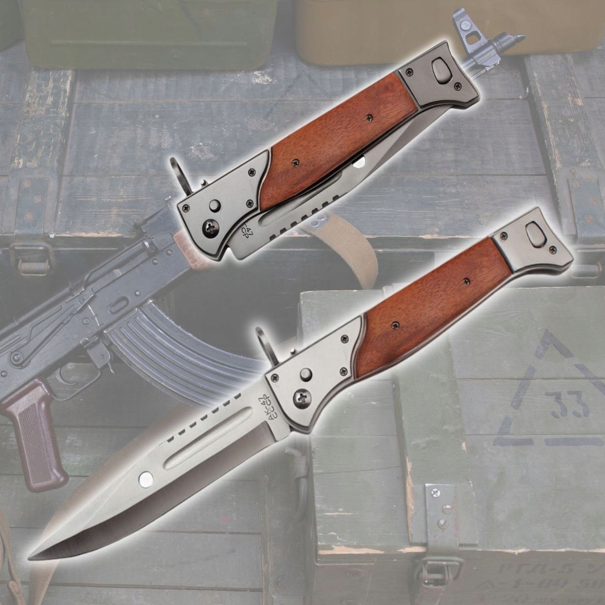 Spyruoklinis BAJONETINIS PEILIS AK47 34 CM KARINIS TAKTINIS MEDŽIOKLĖS sulankstomas dėklas