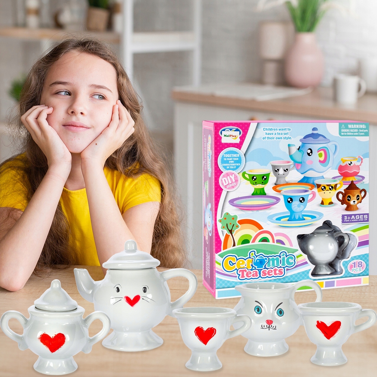 MalPlay porceliano arbatos komplektas su dažais ir šepetėliais