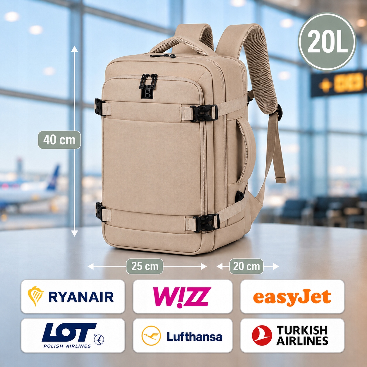 Lėktuvo kuprinė rankinis bagažas 40x25x20 Ryanair Wizz Air salonas 20L