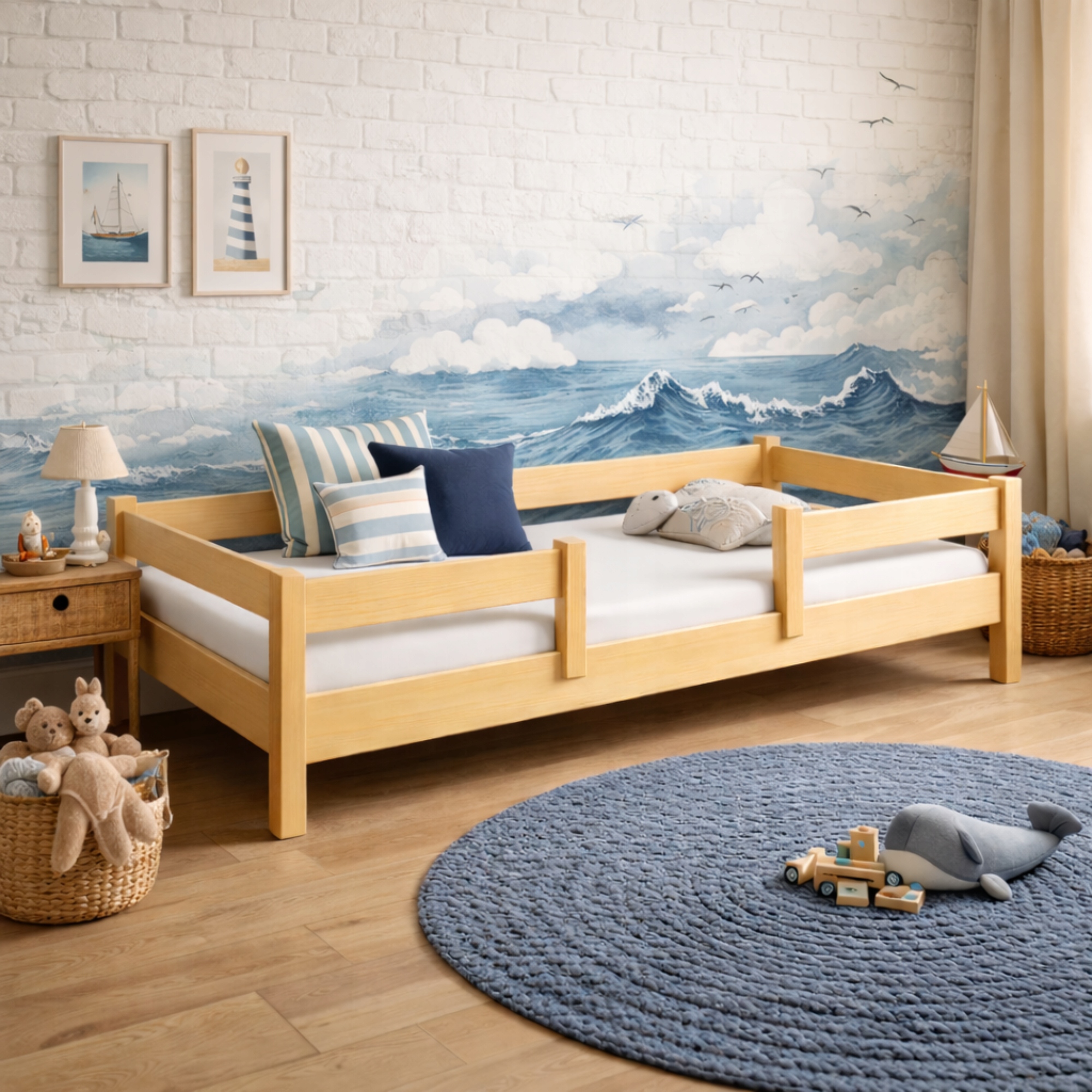 Vienvietė medinė pušinė vaikiška lova 140x70 su LOFTO turėklu
