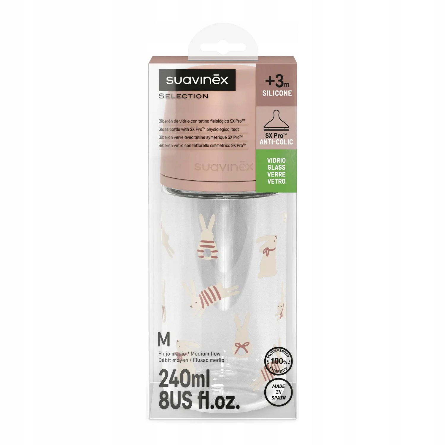 Suavinex stiklinis buteliukas nuo pilvo dieglių SX Pro 240 ml vidutinio srauto M 3m+