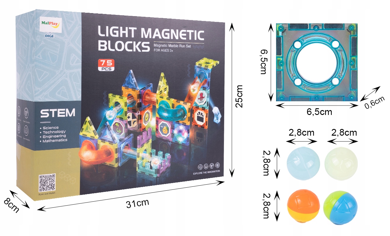 MalPlay šviesiantis magnetinis konstruktorius 75 dalių